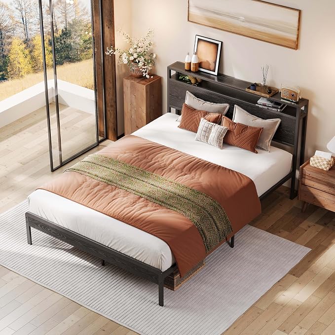 LIKIMIO Full Size Bed Frame with 2-Tier Storage Shelf Headboard | Dark Wood Platform Bed, Camas Full with Strong Metal Supports, Sturdy, Noise-Free, No Box Spring Needed, Black