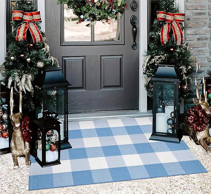 Light Blue and White Outdoor Rug 24''x35'' Buffalo Plaid Porch Mat Cotton Woven Washable Carpet for Layered Doormat Hello/Welcome Door Mat,Kitchen,Farmhouse,Entryway