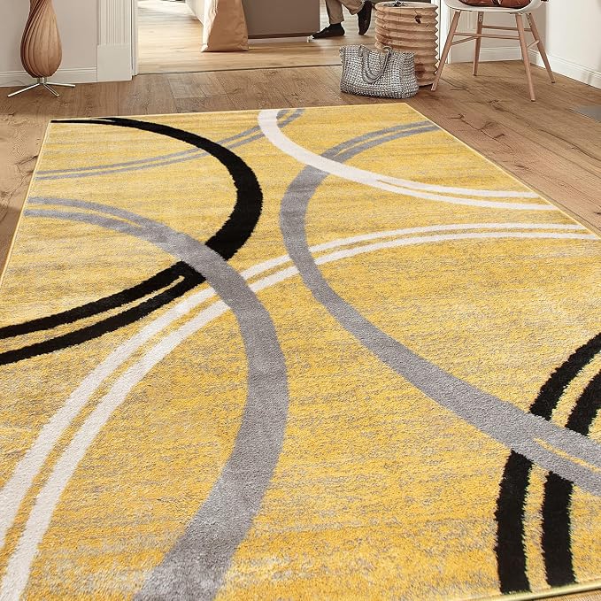 Rugshop Wavy Circles Jute Backing Living Room Area Rug Yellow 7'10" x 10'2" | Rectangular, Size 7'10" x 10'2", Bedroom, Dining Room, Home Office, Kitchen, Entryway, Hallway, Nursery, Kids Room, Bedside