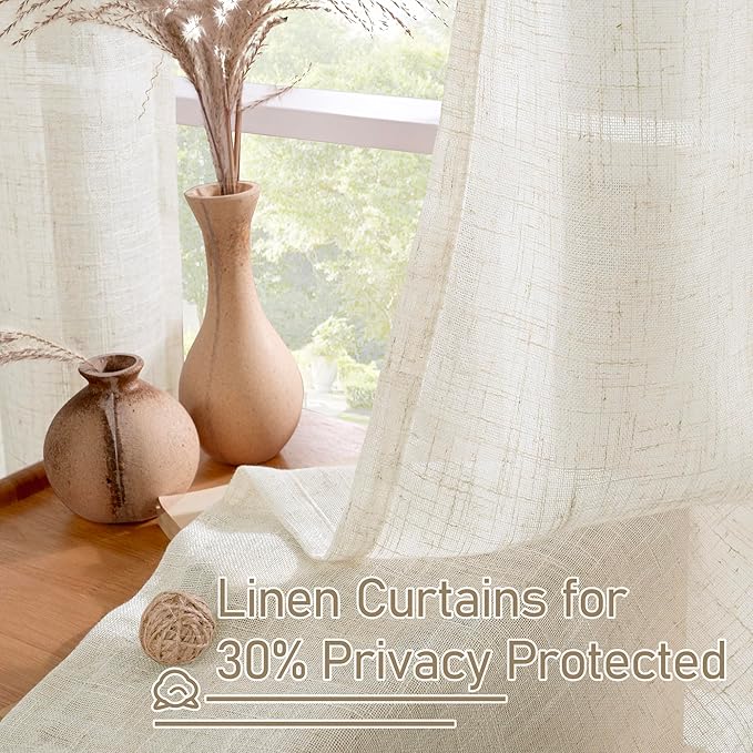 LAMIT 40 Inch Linen Curtains for Kitchen Windows Over Sink, Short Semi Sheer Light Filtering Neutral Curtains Bronze Grommet Panels for Small Windows/Cafe, Cream Ivory, 2 Panels, 34 x 40 Inch