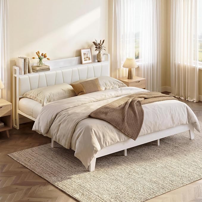 LIKIMIO King Bed Frames, PU Leather Storage Headboard with Charging Station, Solid and Stable, Noise Free, No Box Spring Needed, Easy Assembly, White
