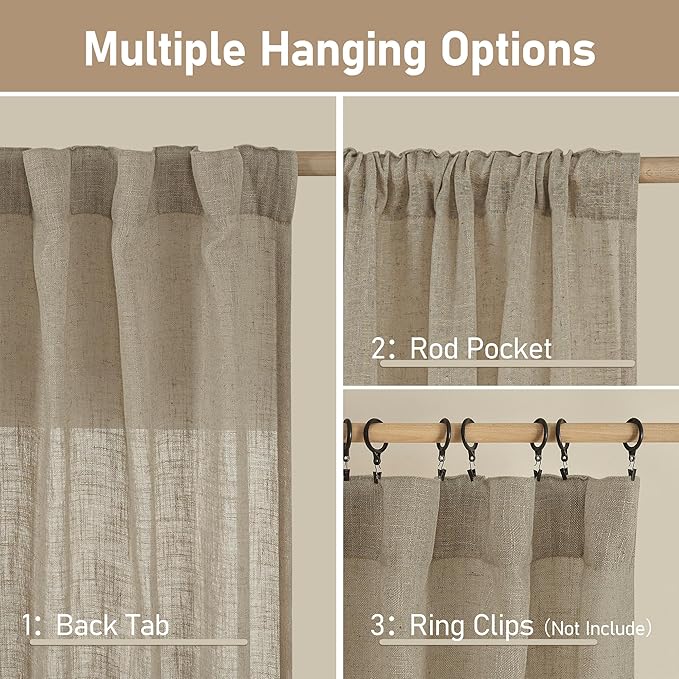 LAMIT Linen Semi Sheer Curtains 96 inches Long 2 Panels Set, Light Filtering Panels Back Tab and Rod Pocket Floor to Ceiling Curtains for Bedroom/Living Room, Taupe, 52 x 96 Inch
