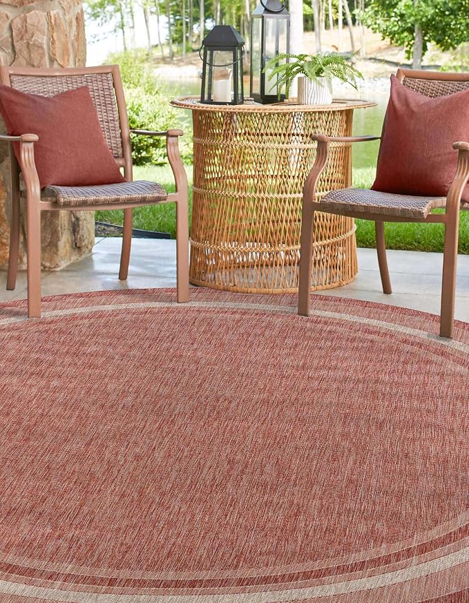Unique Loom Outdoor Border Collection Area Rug - Soft Border (5' 3" Round Rust Red/Ivory)