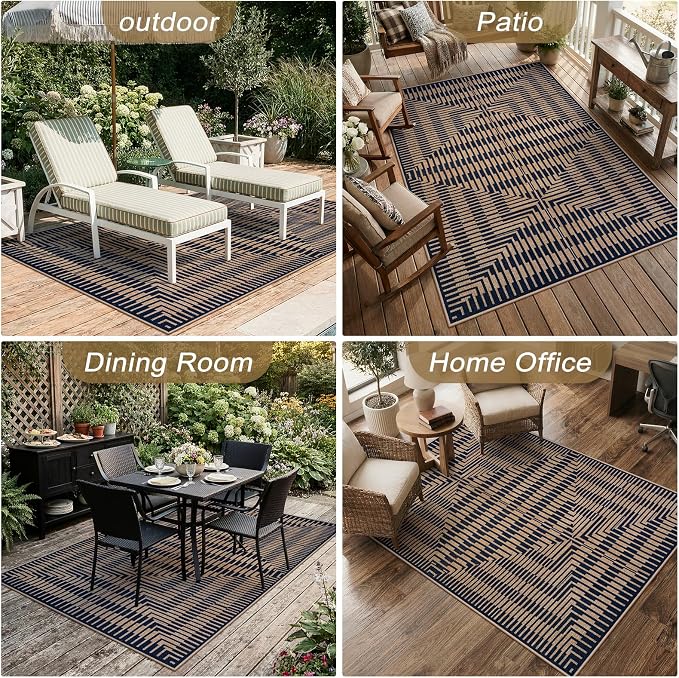 LIVEBOX Easy Jute Outdoor Rug 5x7, Washable Non Slip Area Rug, Farmhouse Striped Carpet for Patio, Dining Room, Backyard (Dark Blue)
