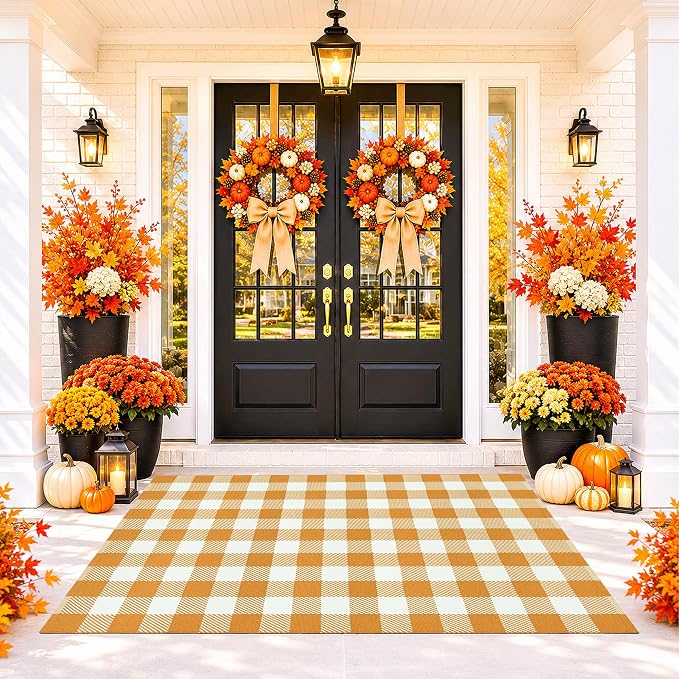 Caramel and White Buffalo Plaid Rug 4'x6', Machine Washable Layering Mat for Front Door, Entryway, Kitchen, Indoor Outdoor Low Profile Cotton Woven Check Rug