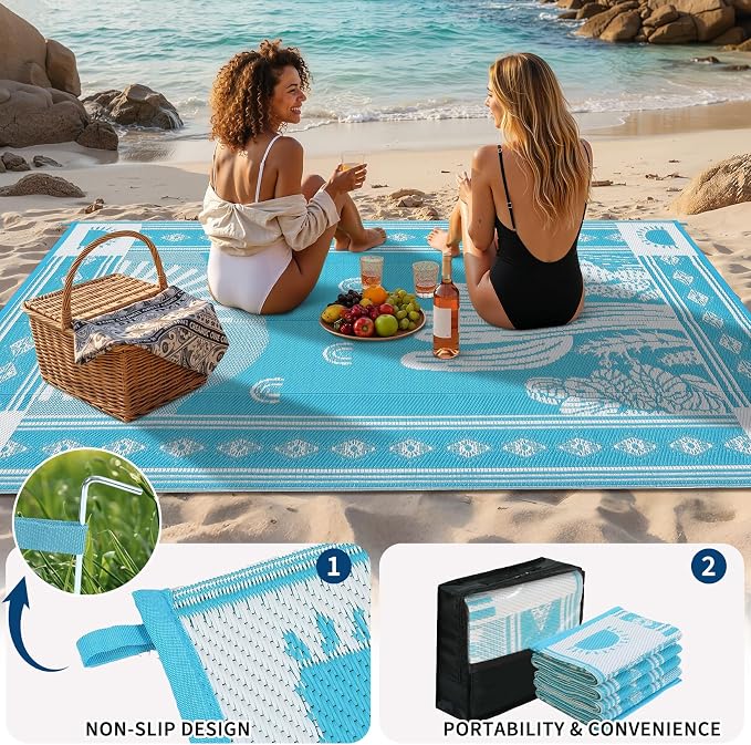 Garvee Reversible Teal Blue Outdoor Rug 8x10 for Patio, Waterproof Outdoor Area Rug, Modern Desert Botanical Indoor Outdoor Rugs, Plastic Straw Rug for RV, Camping, Deck, Cactus