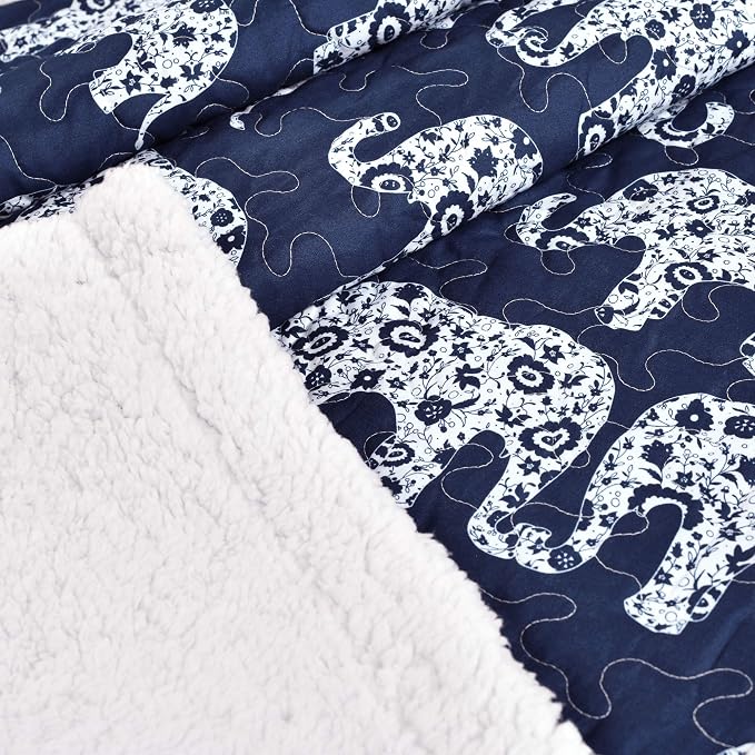Lush Decor Navy Elephant Parade Throw Fuzzy Reversible Sherpa Blanket 60” x 50 White