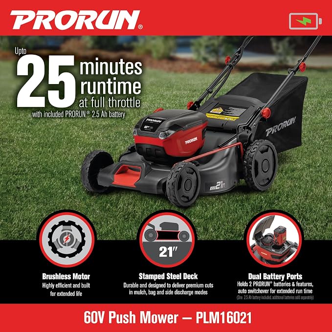 PRORUN 60V 21-in. Steel Deck Cordless Push Lawn Mower with 2.5 Ah Battery and Charger