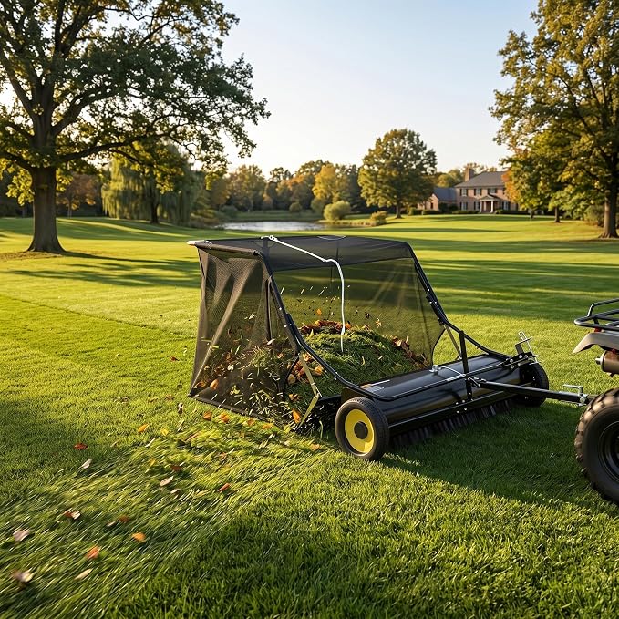 44" Tow Behind Lawn Sweeper for Riding Mower, 12 Cu ft Large Capacity Grass and Leaf Collector, Adjustable Brush Height Yard Sweeper with Dump Rope, Heavy Duty Yard Leaf Collector for Lawn
