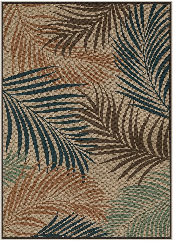 Tribesigns 5x7 Blue Green Coastal Easy Jute Patio Area Rug for Living Room | Washable, Non-Slip Coastal Leaf Design for Bedroom, Dining Room, Office and Indoor Outdoor Spaces, Includes 4 Rug Grippers