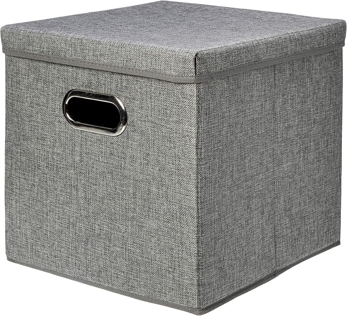 Amazon Basics Foldable Burlap Cloth Cube Storage Bins with Lid, Collapsible Organizing Containers, Stackable and Sturdy, Gray, (Pack of 10)