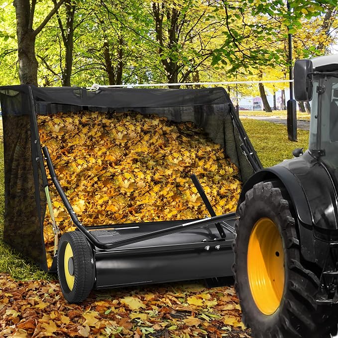 50" Large Capacity Pull Behind Lawn Sweeper with Adjustable Sweeping Height - Leaf & Grass Collector with Dumping Rope Design for Picking Up Grass and Debris