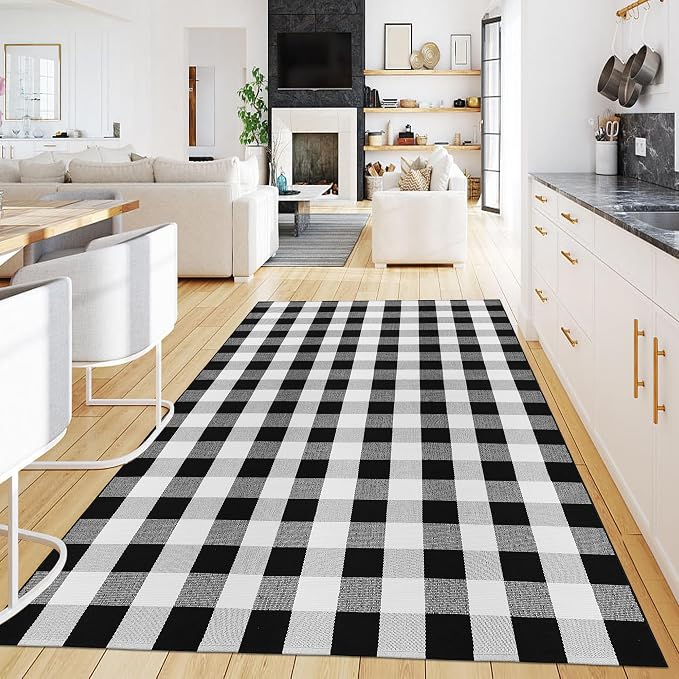 Buffalo Plaid Rug 5x8 Feet Black and White Checkered Area Rug Cotton Indoor Outdoor Washable Farmhouse Decor