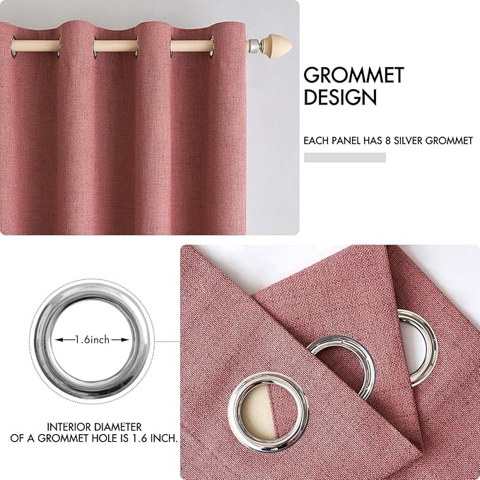 MIULEE 100% Blackout Linen Textured Curtains for Bedroom Solid Thermal Insulated Dusty Rose Grommet Room Darkening Curtains & Drapes Luxury Decor for Living Room Nursery 52 x 90 Inch (2 Panels)