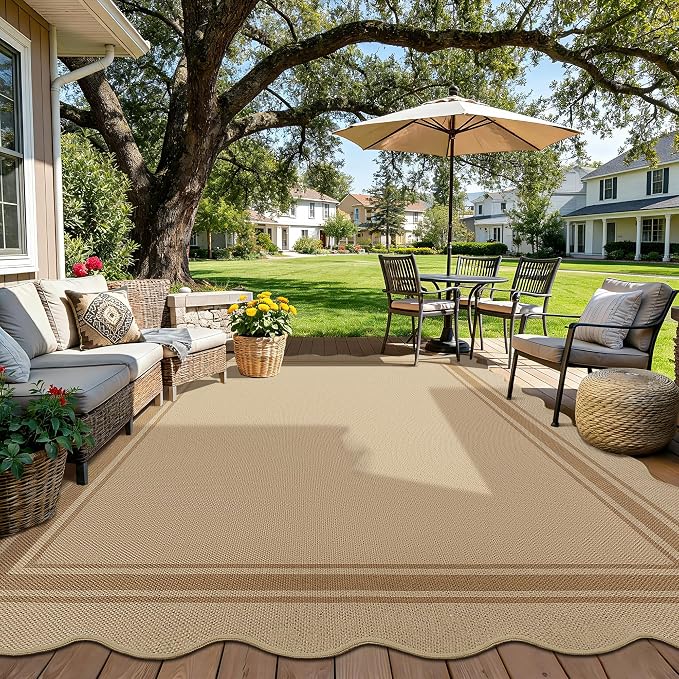 8x10 Scalloped Rug Easy Jute Washable Rug for Living Room Indoor Outdoor Tan Geometric Non Slip Carpet for Under Table Neutral Carpet for Backyard Patio Dining Room