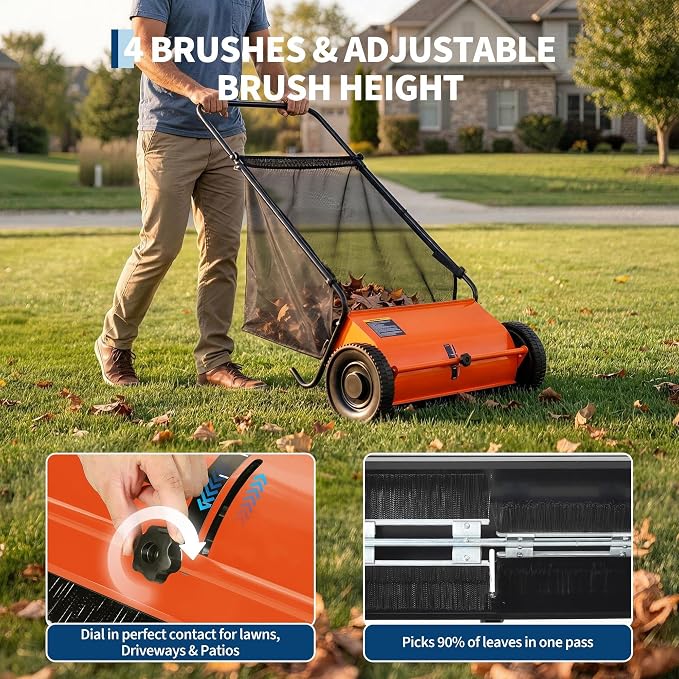 26 Inch Push Lawn Sweeper, 7 Cu ft Hopper Bag, Carbon Steel Frame | Heavy Duty Walk Behind Leaf Collector and Yard Sweeper, Adjustable Brush Height Push Lawn Sweeper for Garden Patio Driveway
