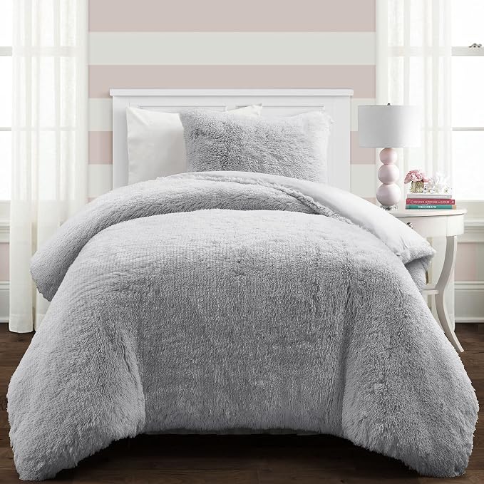 Lush Decor Emma Soft Fluffy Faux Fur Kids College Dorm Oversized Comforter Set, Twin-XL, Light Gray - Warm Plush 2 Piece Bedding Set