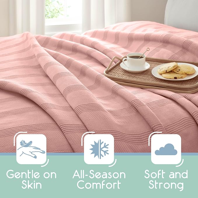 Vellux 100% Cotton Blanket, Queen, 90x90, Pink Clay | Soft, Breathable Knit, Lightweight, All Season, Machine Washable, Oeko-Tex Certified, Hotel Quality
