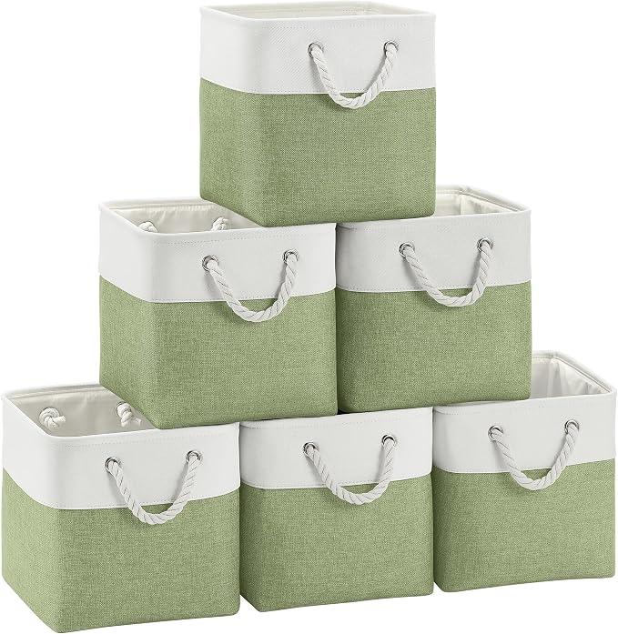 FinishingBo 11 inch Cube Storage Bin with Handles 6 Pack | Foldable Basket, Fabric Storage Bins, Closet Storage, Home Organizer (White/ Green)
