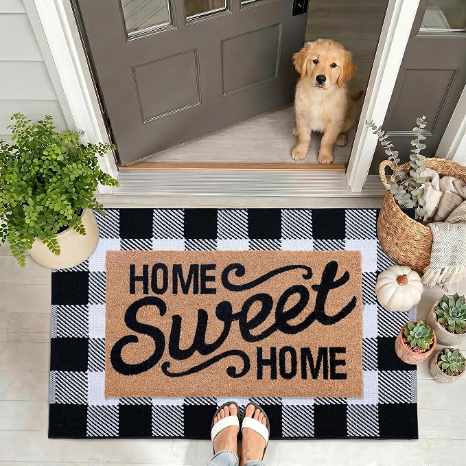 Black and White Buffalo Plaid Rug 28" x 43", Machine Washable Layering Mat for Front Door, Entryway, Kitchen, Indoor Outdoor Low Profile Cotton Woven Check Rug