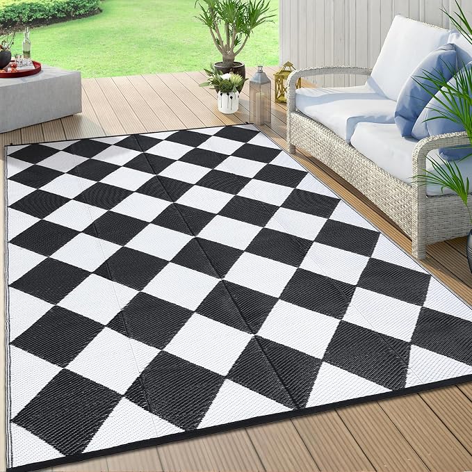 GarveeLife 8x10 Outdoor Rug for Patio Reversible, Plastic Straw Rug Waterproof Camping Rug Portable, Foldable Lightweight Mat for RV, Patio, Backyard, Deck, Picnic, Beach, Balcony (Black/White)