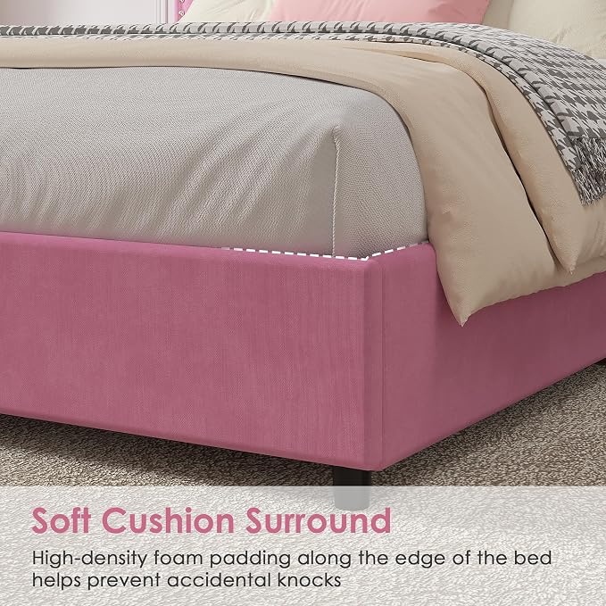VECELO Queen Size Upholstered Bed Frame with 4 Storage Drawers, Adjustable Velvet Rivet Decor Headboard, Wooden Slats Platform Support, No Box Spring Needed, Easy Assembly,Pink