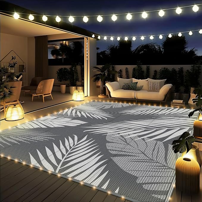 GENIMO Outdoor Rug, Waterproof Plastic Rugs for Patio, 6'x9' Led Grey White | Outside Larger Leaf Carpet Mat for Porch Decor, Deck, Balcony, Camping, RV, Backyard, Picnic, Beach, Reversible, Foldable