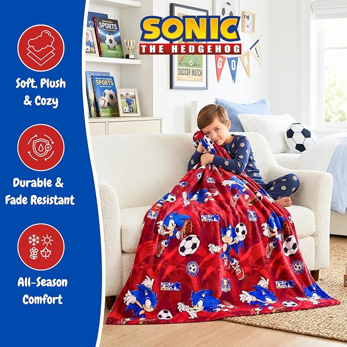 Sonic The Hedgehog Kids Sports Soccer Throw Blanket, 46 in x 60 in, Soft Cozy Decorative Blanket for Couch, Bed, or Sporting Events, 2026 World Soccer Tournament (Officially Licensed Product)by Franco