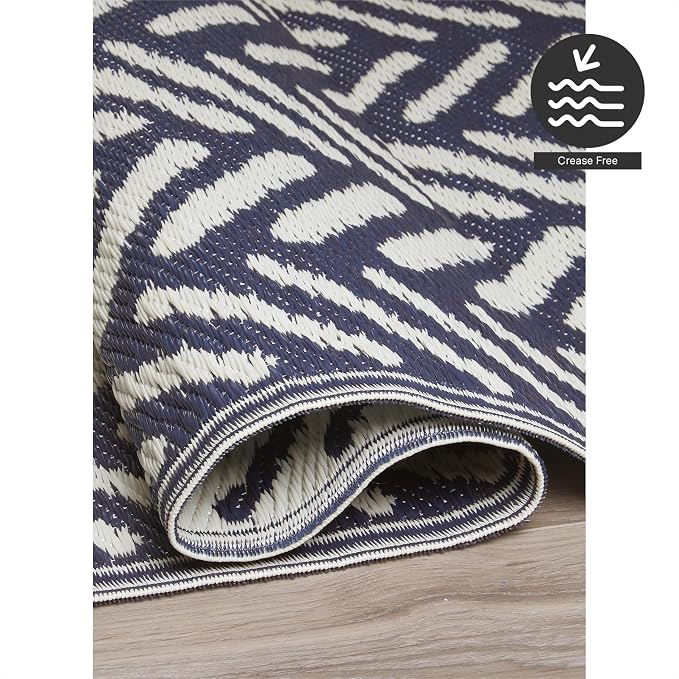 FH Home Outdoor Rug - Waterproof, Fade Resistant, Reversible - Premium Recycled Plastic - Herringbone - Patio, Porch, Deck, Balcony - Fresno - Navy Crease Free - 5 x 8 ft