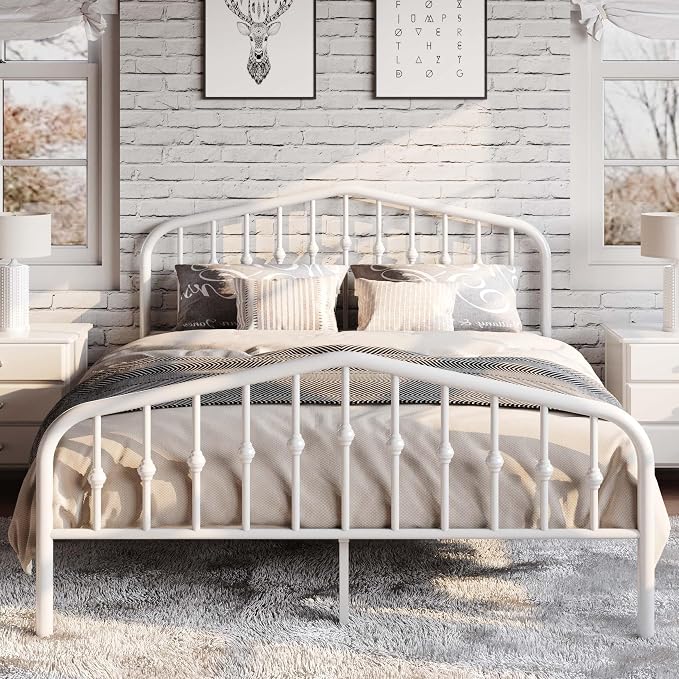 SHA CERLIN Full Size Metal Bed Frame with Wrought Iron-Art Headboard, White | Victorian Style Metal Platform Bed Frame, Wrought Iron-Art Headboard and Footboard, Under-Bed Storage, No Box Spring Needed