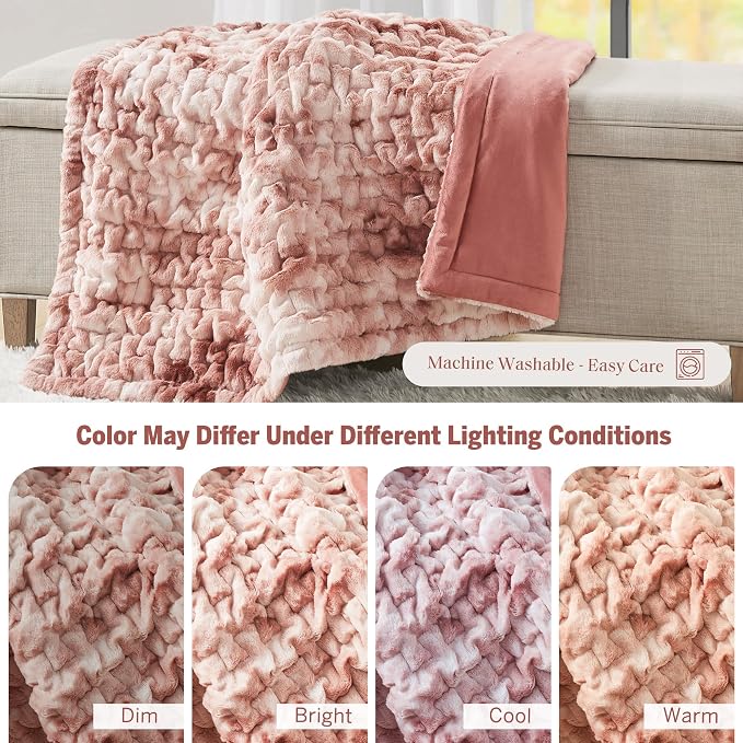 Madison Park Ruched Fur Throw Faux Fur Blanket, 50" x 60", Pink Tie Dye | Luxury, Premium, Soft Cozy Brushed Long Pile, All Season Plush Modern OEKO- TEX Certification Warm For Bed, Couch or Sofa