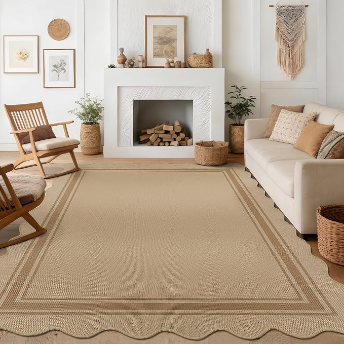 8x10 Scalloped Rug Easy Jute Washable Rug for Living Room Indoor Outdoor Tan Geometric Non Slip Carpet for Under Table Neutral Carpet for Backyard Patio Dining Room
