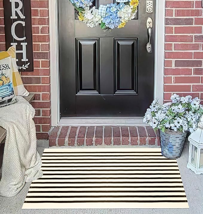 BUAGETUP Front Layered Door Mat 2'x3',Black and Beige Striped Outdoor Rug Machine Washable Cotton Outdoor Door MatEntryway Throw Rug for Indoor Entrance
