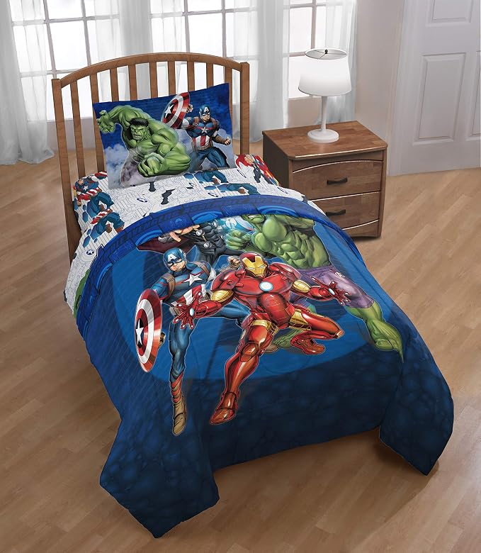 Jay Franco Marvel Avengers Blue Circle 4 Piece Twin Bed Set - Includes Reversible Comforter & Sheet Set - Super Soft Fade Resistant Polyester (Official Marvel Product) | Captain America, Bed in a Bag, Comforter Sheets Pillowcase, Official Product, Soft...