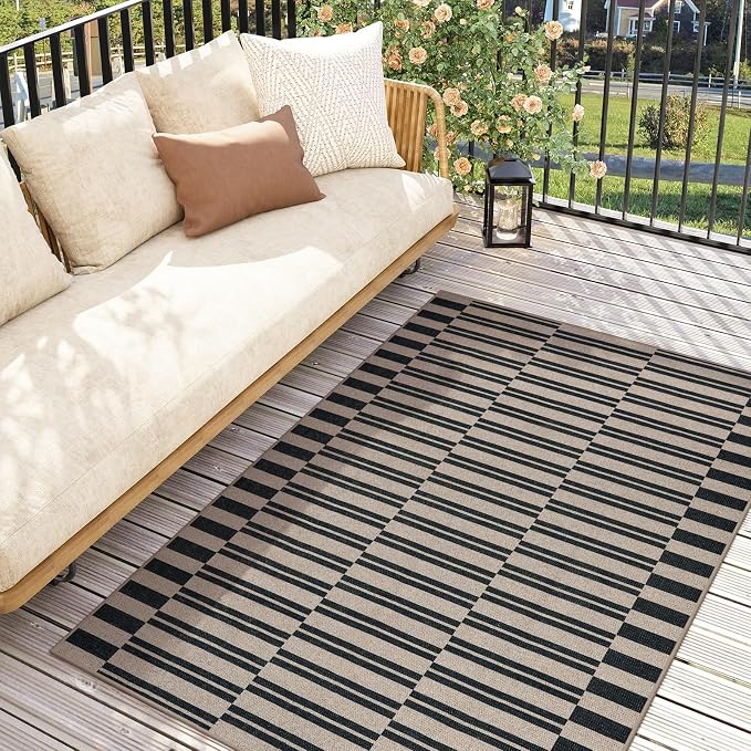 Lahome Striped Easy Jute Outdoor Patio Rug, 3x5 Washable Rugs for Porch | Indoor Living Room Area Rugs Non Slip Black, Modern Farmhouse Neutral Carpet for Entryway Backyard Bedroom Rv