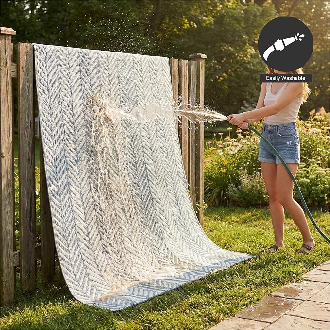 FH Home Outdoor Camping Rug - Waterproof, Fade Resistant, Reversible - Premium Recycled Plastic - Herringbone - Large Patio, Deck, Sunroom, RV - Fresno - Light Blue - 9 x 18 ft Foldable