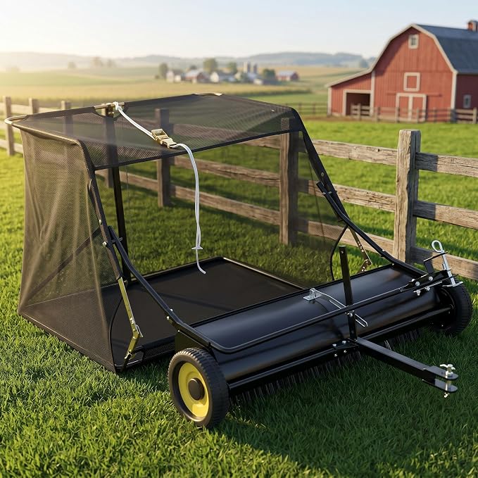 44" Tow Behind Lawn Sweeper for Riding Mower, 12 Cu ft Large Capacity Grass and Leaf Collector, Adjustable Brush Height Yard Sweeper with Dump Rope, Heavy Duty Yard Leaf Collector for Lawn