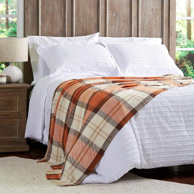 Bedford Home Faux Cashmere Acrylic Oversized Throw Blanket - Luxuriously Soft Acrylic Faux Cashmere-Feel Plaid Throw, Breathable with Stylish Vintage Design (Spice Plaid)