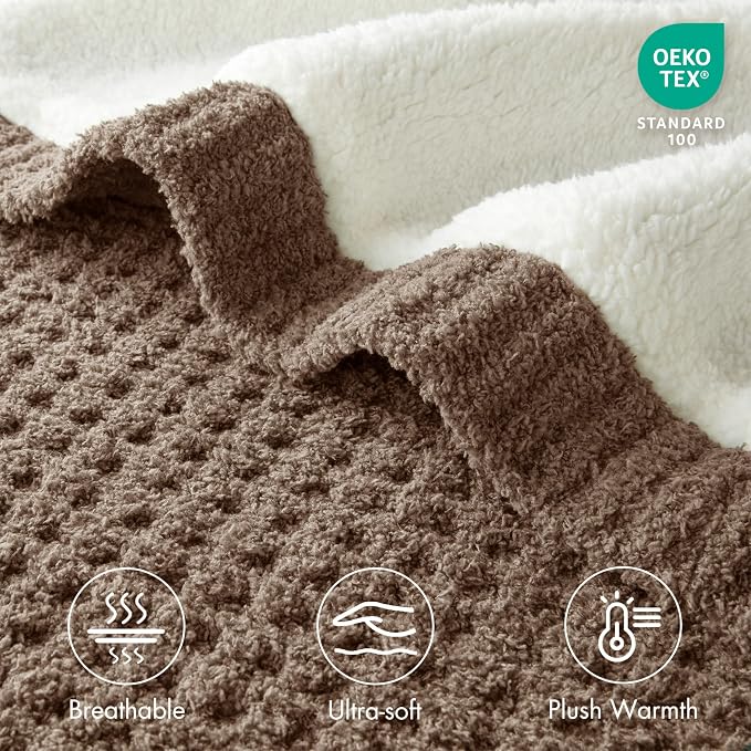 Madison Park Rowan Sherpa Throw Blanket Waffle Weave, 50 x 60, Brown | Cozy Warmth for Sofa or Bed, Reversible, Lightweight, Farmhouse, OEKO-TEX Certified