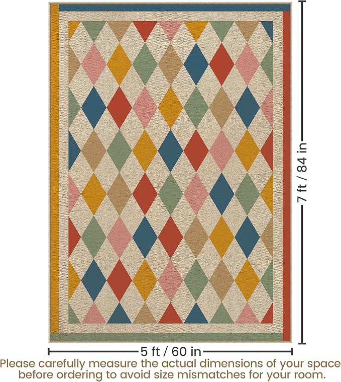 Washable Checkered Easy Jute Rug 5x7, Colorful Checkerboard Geometric Modern Outdoor Indoor Patio Large Area Rug, Woven Thin Carpet Mat for Living Room Bedroom Classroom Kids Nursery Play Room