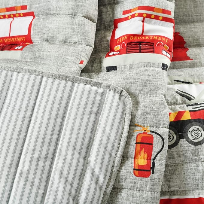 Lush Decor Fire Truck Throw Blanket, Red & Gray, 50" W x 60" L - Toddler Blanket - Reversible Stripe Print Quilted Throw for Kids Room