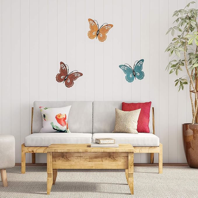 Lavish Home Butterfly Metal Wall Art, 3-Piece-Set | Hand Painted Decorative 3D Butterflies for Rustic Farmhouse Office or Home Decor