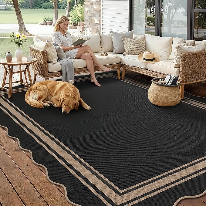 8x10 Scalloped Rug Easy Jute Washable Rug for Living Room Indoor Outdoor Black Geometric Non Slip Carpet for Under Table Neutral Carpet for Backyard Patio Dining Room