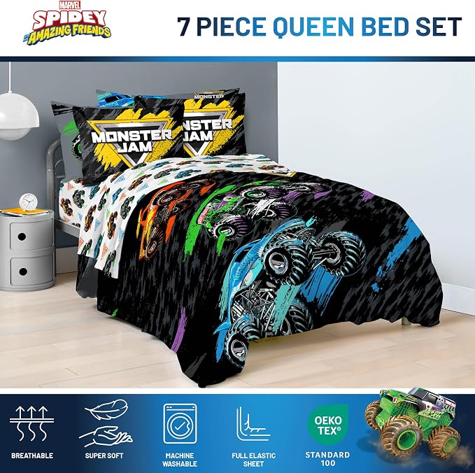 Monster Jam Trucks Queen Comforter Set 7 Piece Kids Bedding for Boys, Black | Grave Digger Megalodon, Comforter Sheets Shams Pillowcases, Official Product, Soft Microfiber, Machine Washable, Boys Gift