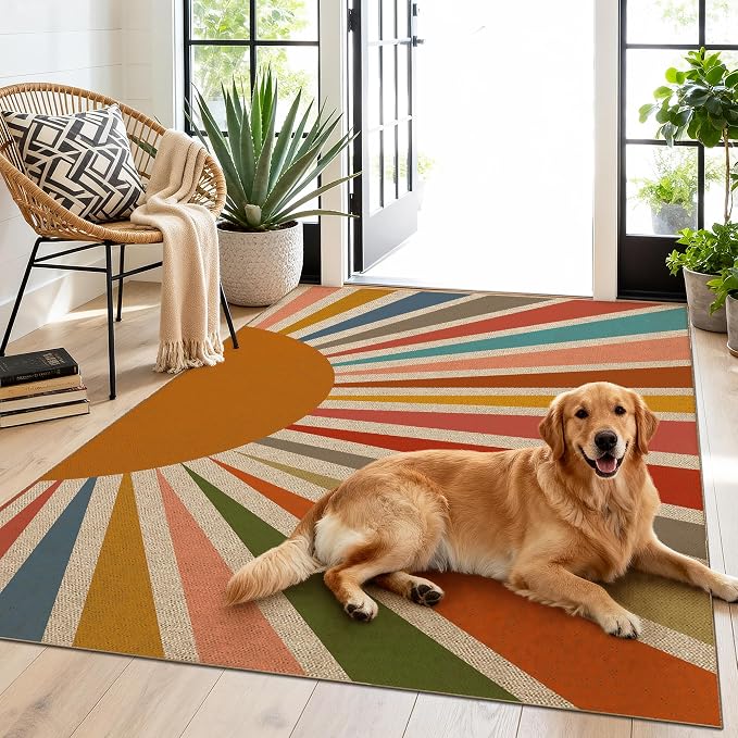 Washable Sun Easy Jute Rug, 3x5 Rainbow Sun Modern Boho Retro Outdoor Indoor Patio Small Area Rugs, Woven Ultra Thin Non Slip Carpet Door Mat for Bedroom Entryway Front Door Porch Farmhouse Backyard