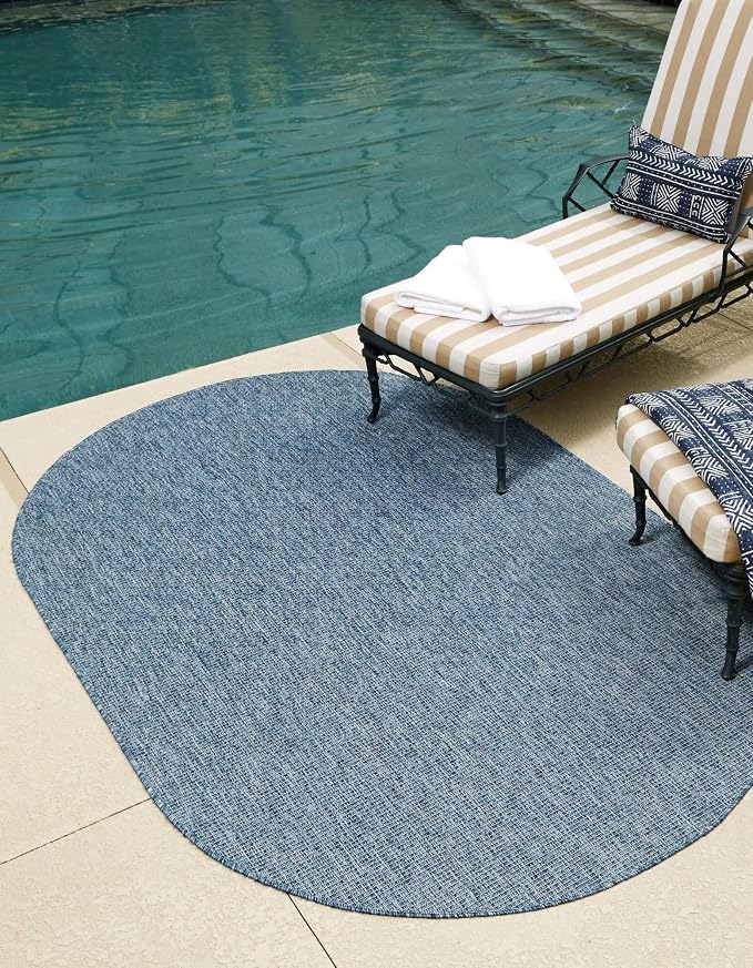 Unique Loom Collection Casual Transitional Solid Heathered Indoor/Outdoor Flatweave Area Rug (8' x 10' Oval, Blue/Navy Blue)