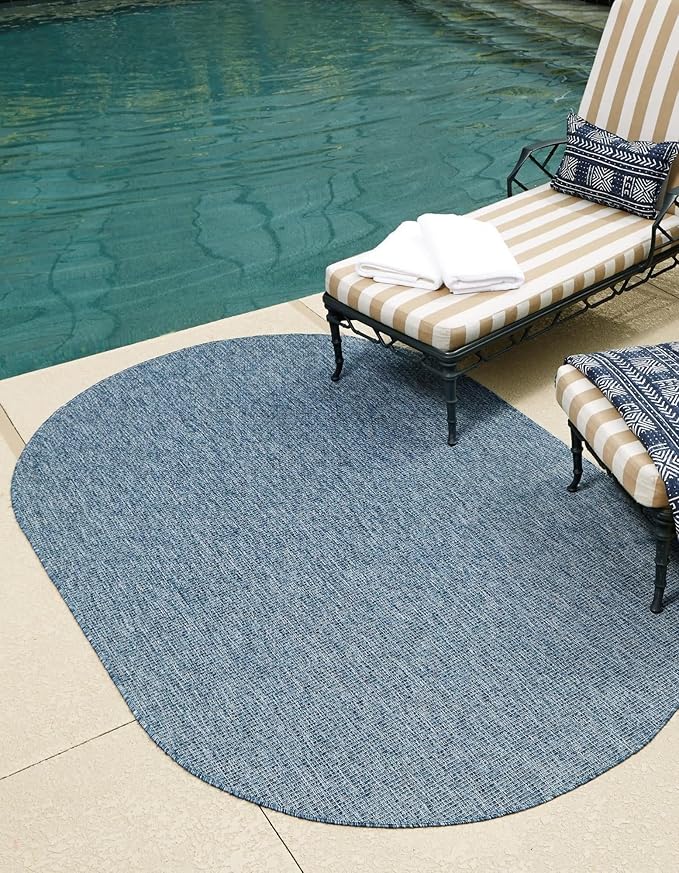 Unique Loom Collection Casual Transitional Solid Heathered Indoor/Outdoor Flatweave Area Rug (5' 3" x 8' Oval, Blue/Navy Blue)