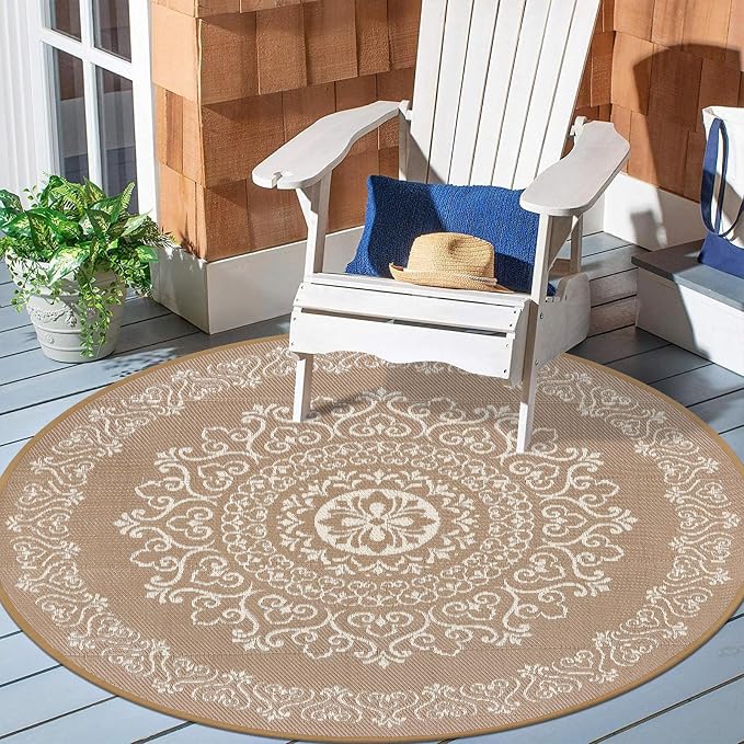 Pauwer Outdoor Rug 6ft, Waterproof Plastic Straw Camping Rug, Floral Brown | Reversible Patio Rug, UV Resistant Indoor Outdoor RV Mat Carpet For Deck, Camper, Porch, Balcony, Backyard, Picnic, Foldable