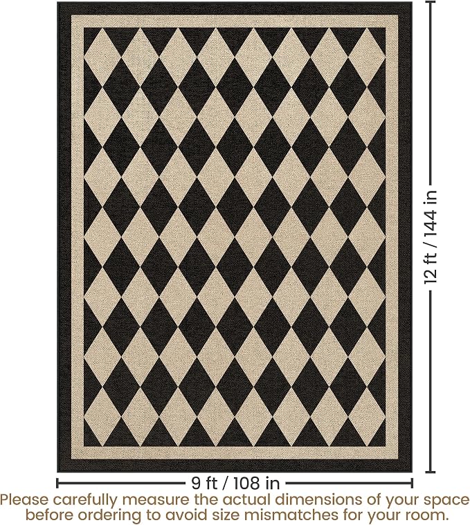 Washable Checkered Easy Jute Rug 9x12, Black Checkerboard Geometric Modern Outdoor Indoor Patio Large Rugs, Woven Thin Carpet Mat for Living Room Bedroom Classroom Nursery Play Room Backyard