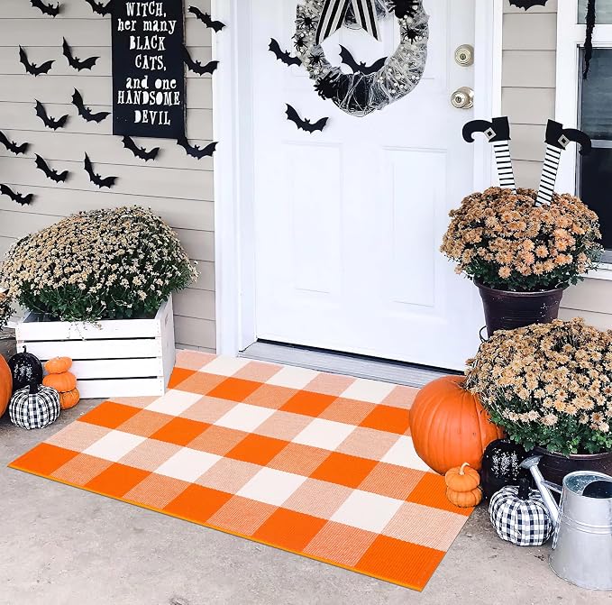 Fall Door Mat Outdoor 24''x35''Orange and White Outdoor Porch Rug Cotton Woven Washable Layered Doormat for Halloween Door Mat,Kitchen,Farmhouse,Entryway